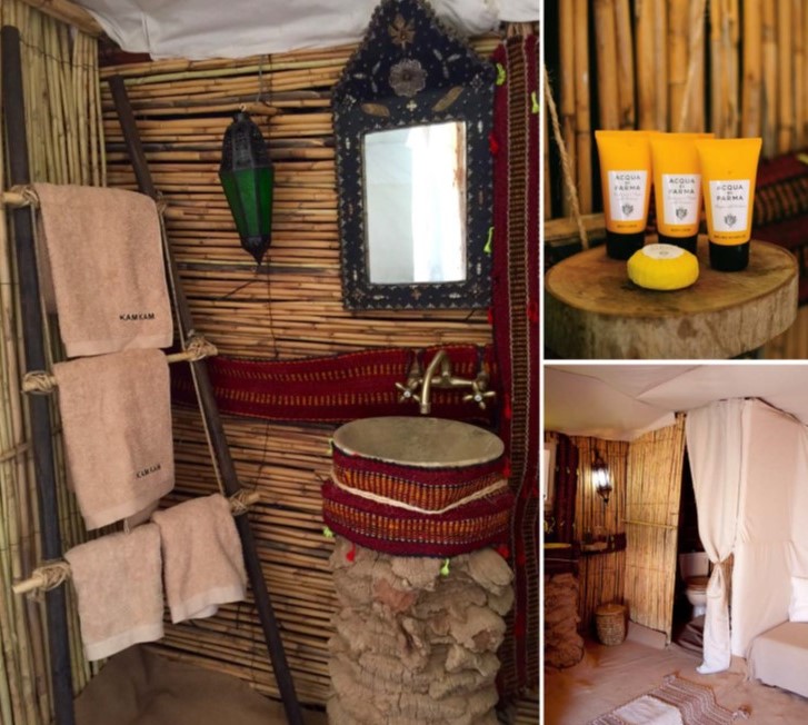 Luxury desert tent with bathorrom and shower with hot water in the Sahara Desert of Morocco at Kam Kam Dunes