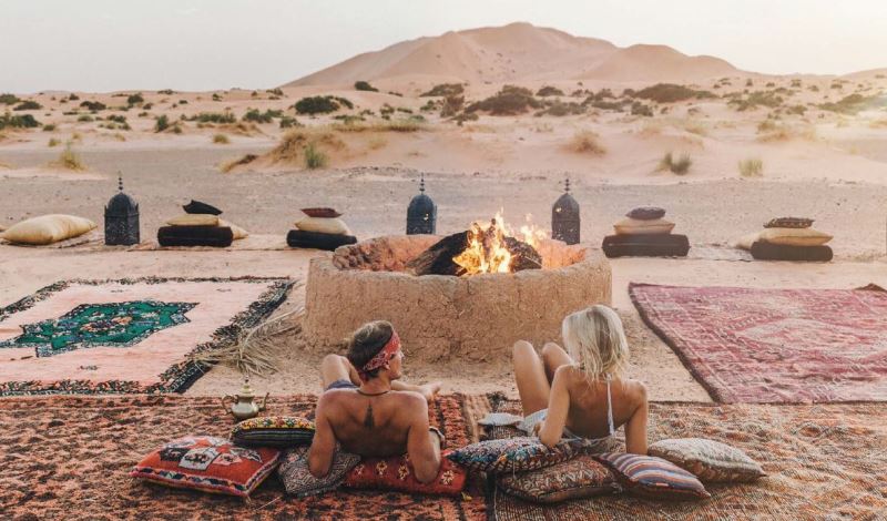Day fire in a luxury desert camp in Merzouga Sahara Desert Morocco